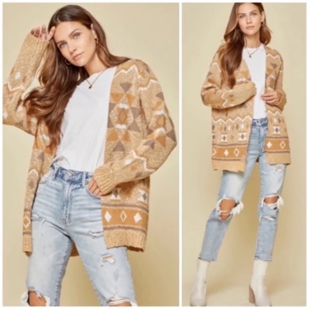 Taupe Gray Boho Aztec Open Cardigan Sweater